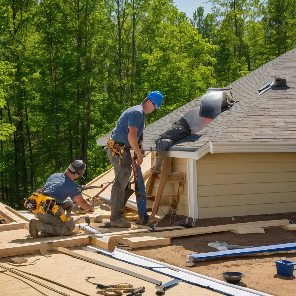 Professional roofing team working at exterior job site showing expertise and quality craftsmanship